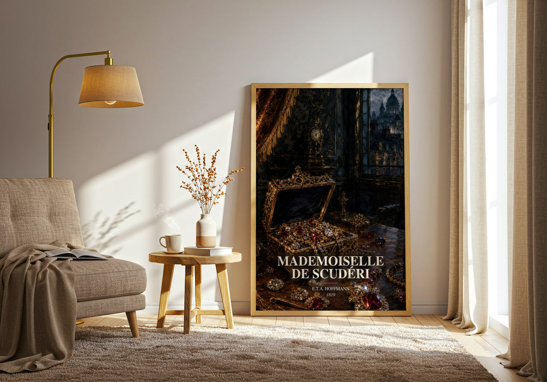 Mademoiselle De Scudéri watercolour print in frame leaning in hallway – gothic wall art (mockup)