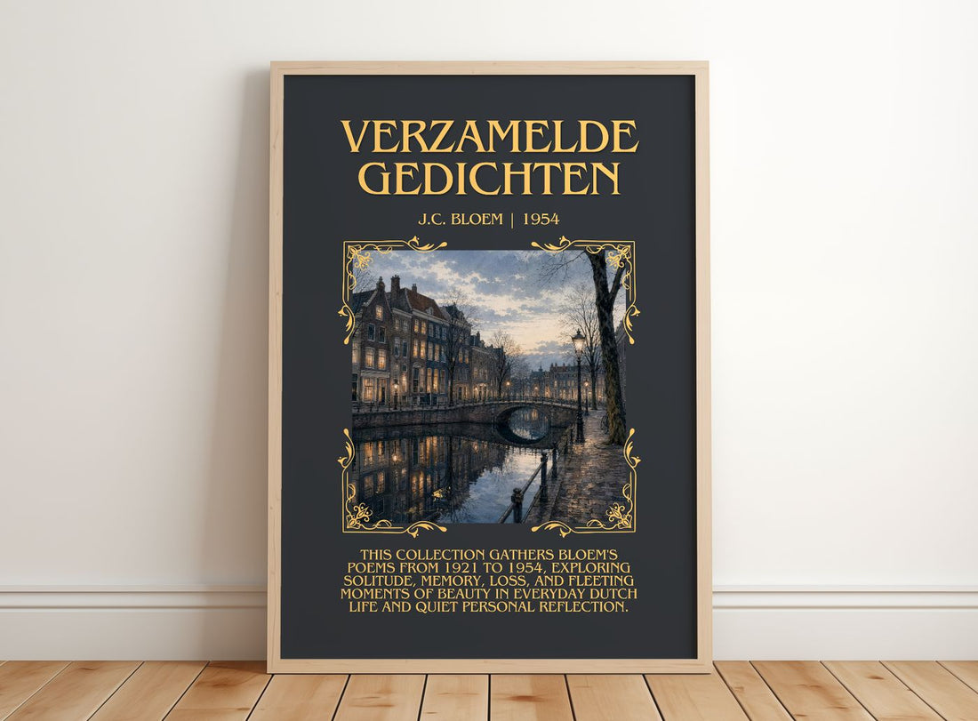 Verzamelde Gedichten Minimalist Book Poster by J.C. Bloem – framed print leaning on a wooden floor