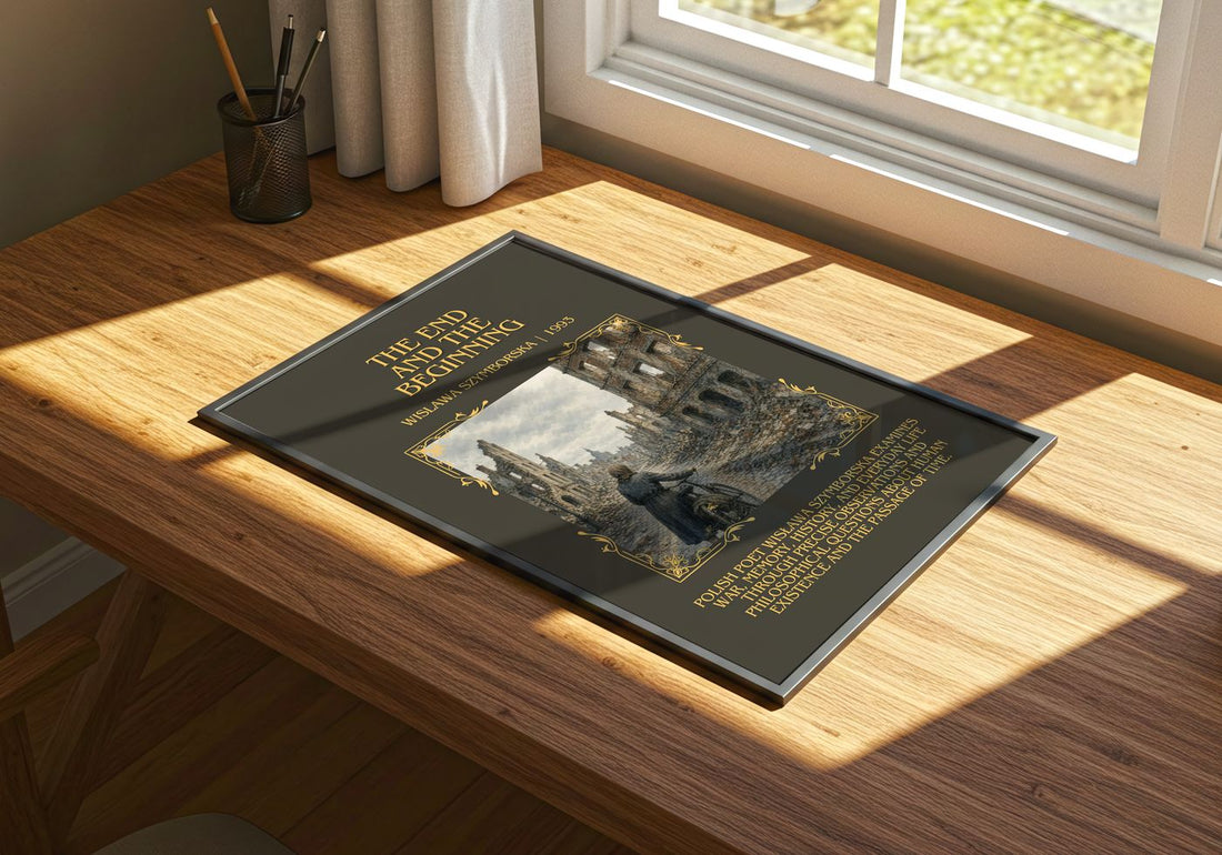 The End And The Beginning Minimalist Book Poster by Wislawa Szymborska – print on a sunlit desk