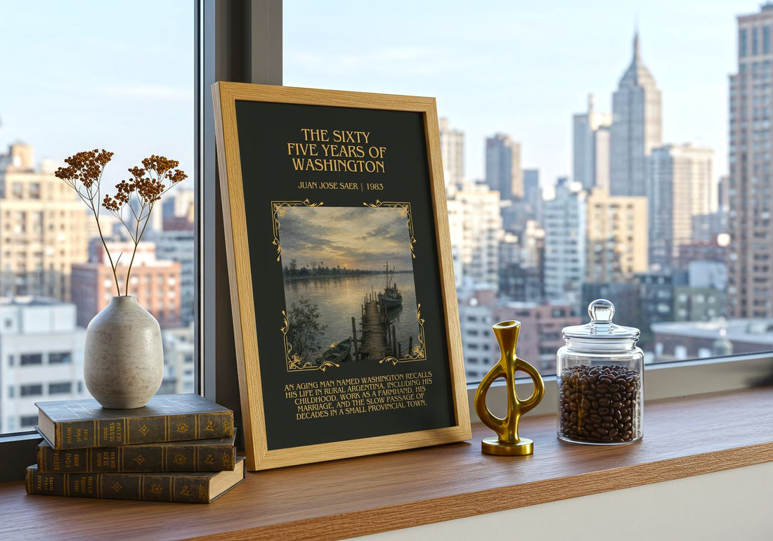 Sixty Five Years Of Washington Minimalist Book Poster by J. Saer – framed print on a city-view windowsill