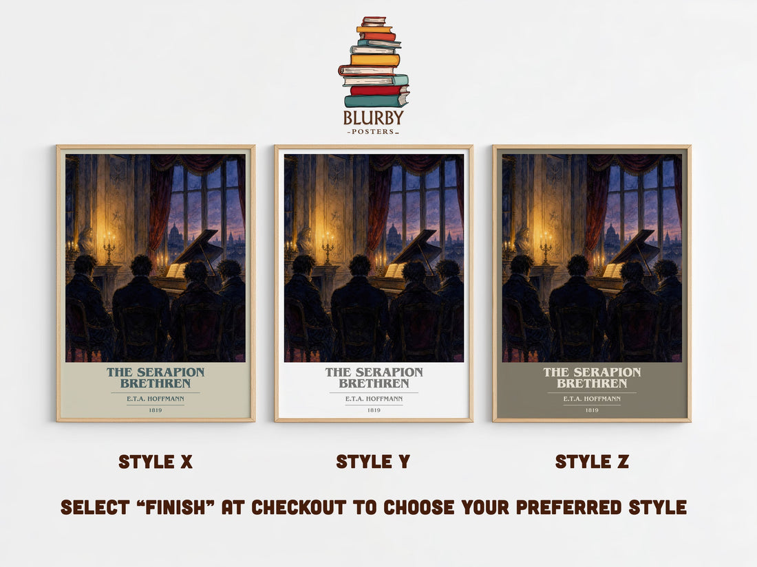 The Serapion Brethren book cover print in frame leaning in hallway – gothic wall art (mockup)