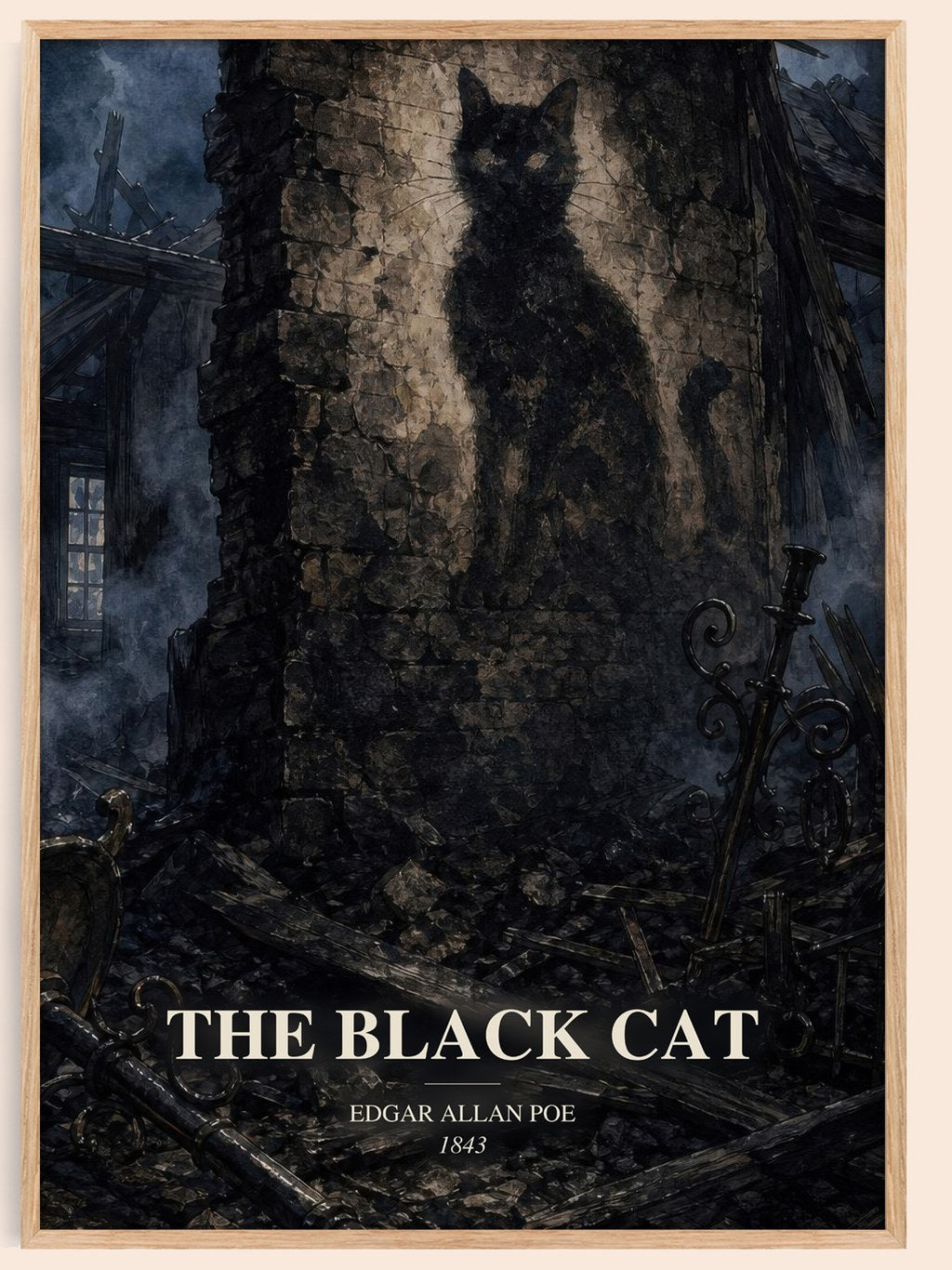 The Black Cat watercolour book poster by Edgar Allan Poe – framed literary art print