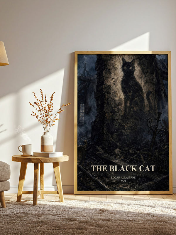 The Black Cat watercolour print in frame leaning in hallway – horror wall art