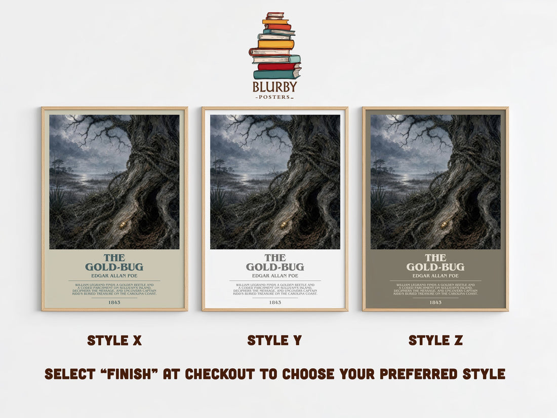 The Gold-Bug bookish print in frame leaning in hallway – mystery wall art (mockup)