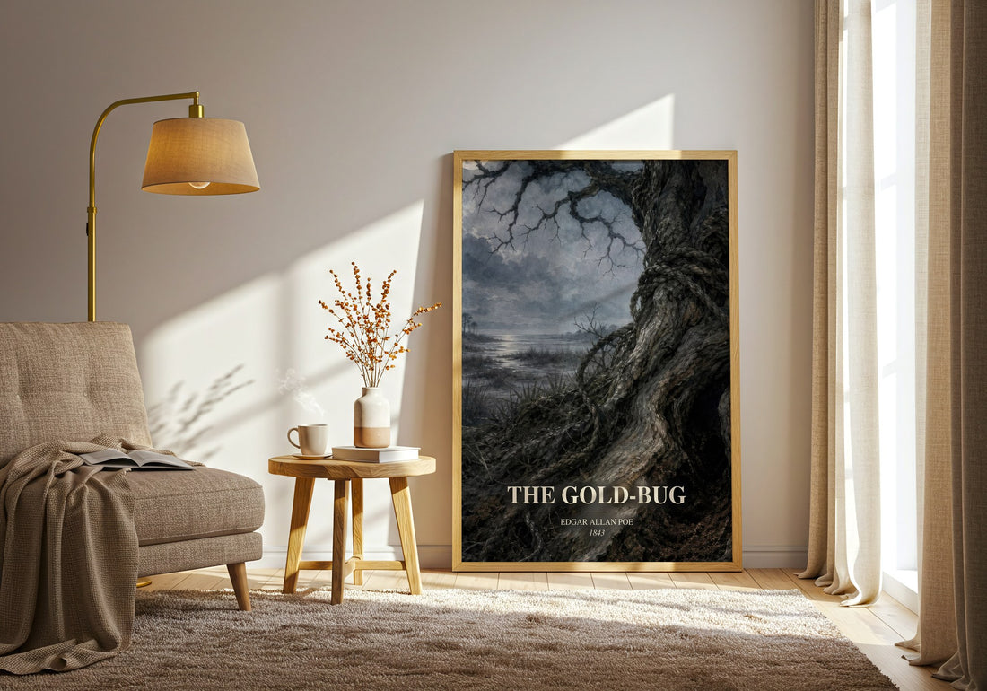 The Gold-Bug watercolour print in frame leaning in hallway – mystery wall art (mockup)