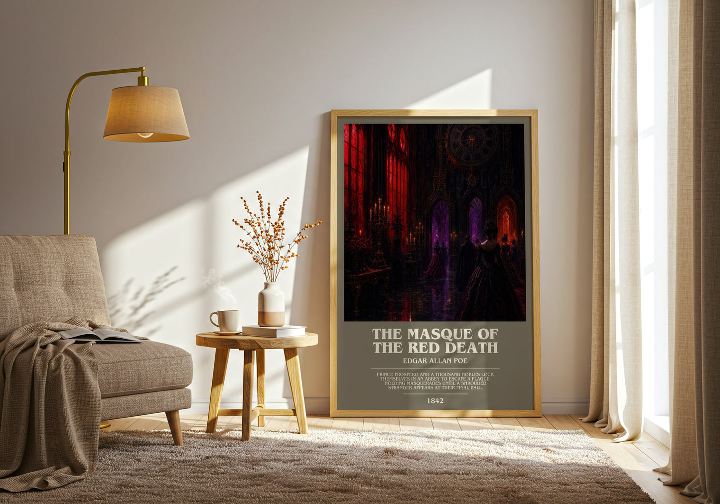The Masque Of The Red Death bookish print on bookshelf – Edgar Allan Poe fan gift