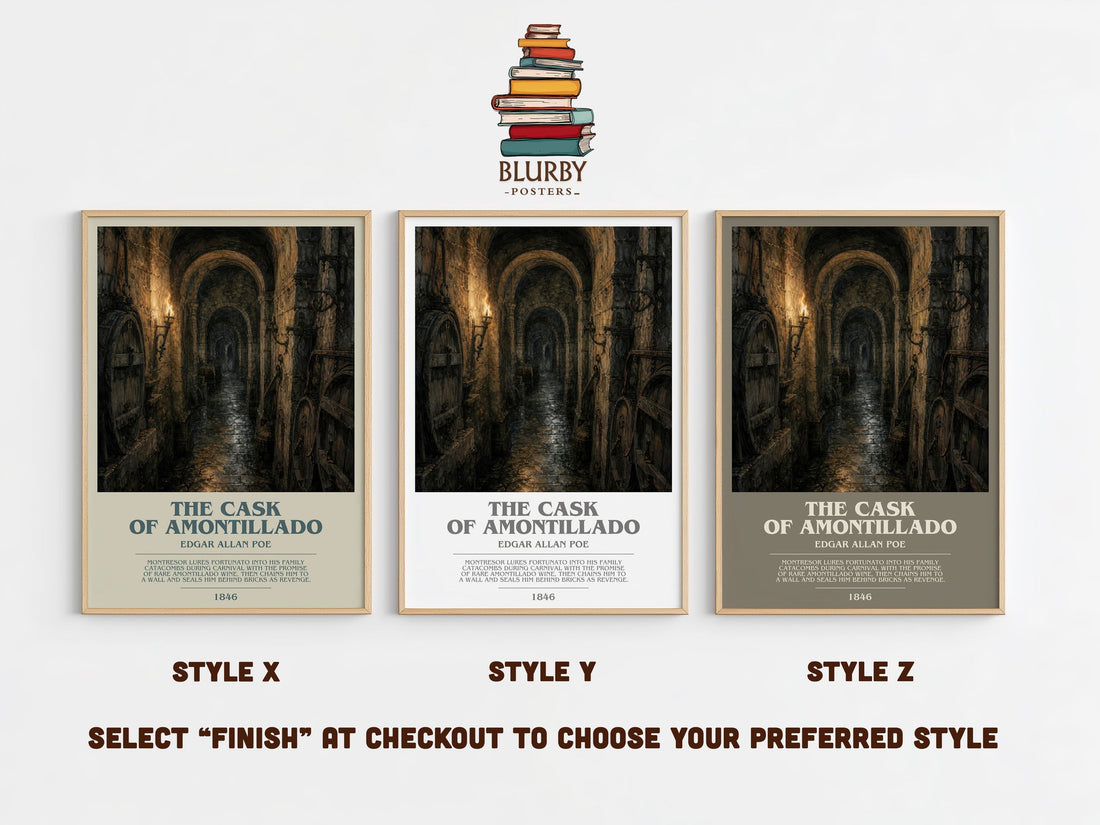 The Cask Of Amontillado bookish print in frame leaning in hallway – horror wall art (mockup)
