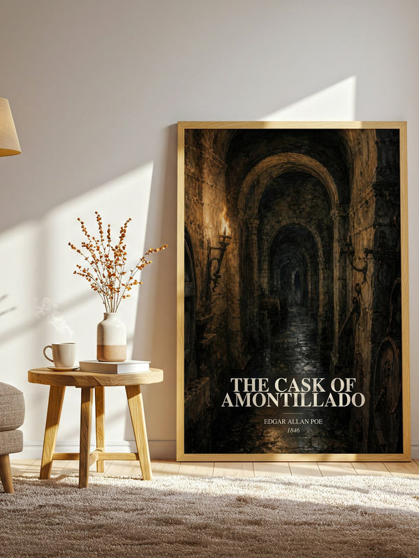 The Cask Of Amontillado watercolour print in frame leaning in hallway – horror wall art