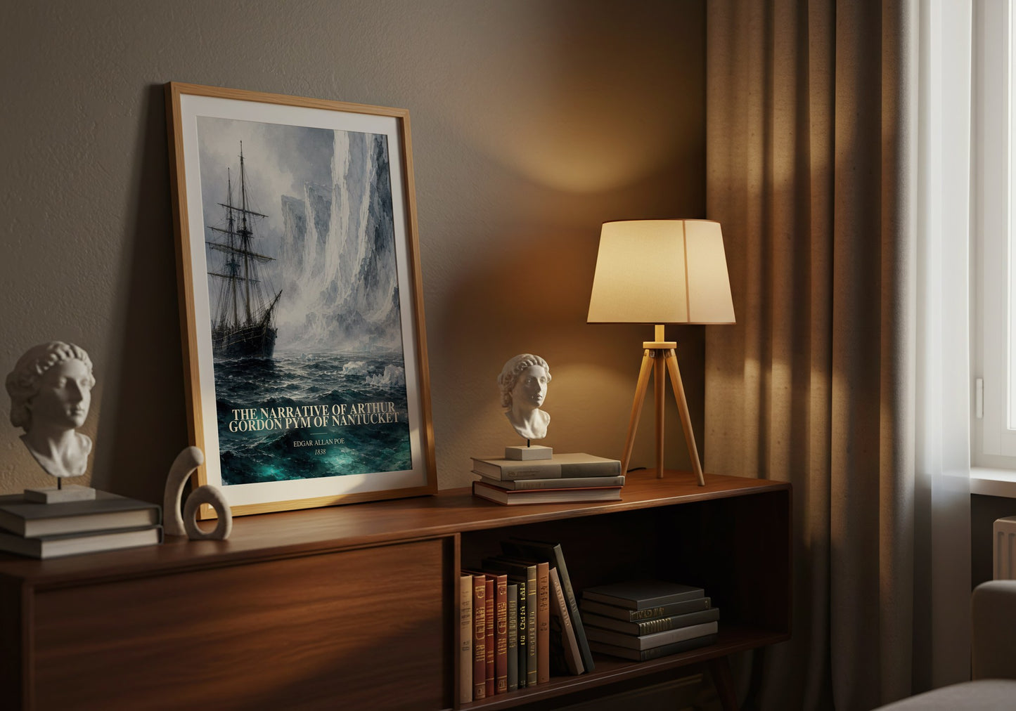 The Narrative Of Arthur Gordon Pym Of Nantucket watercolour print on bookshelf – Edgar Allan Poe fan gift