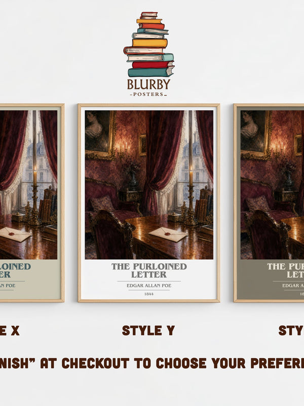 The Purloined Letter book cover print in frame leaning in hallway – mystery wall art