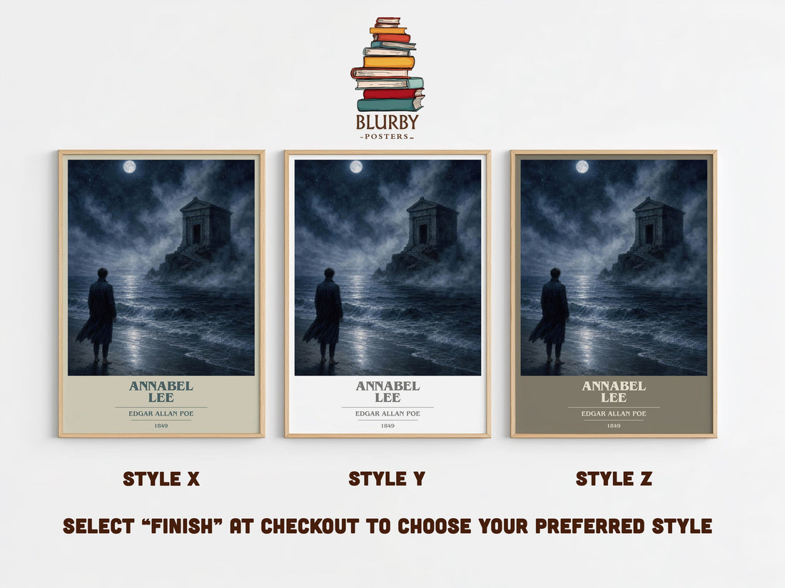 Annabel Lee book cover print in frame leaning in hallway – poetry wall art (mockup)