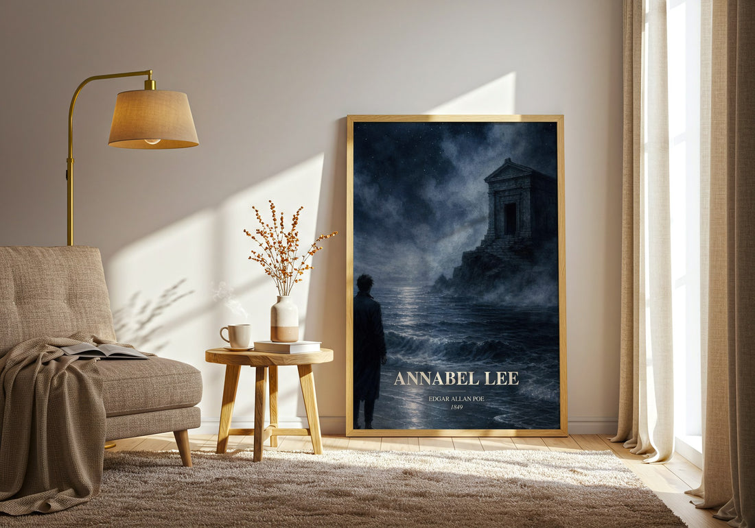 Annabel Lee watercolour print in frame leaning in hallway – poetry wall art (mockup)