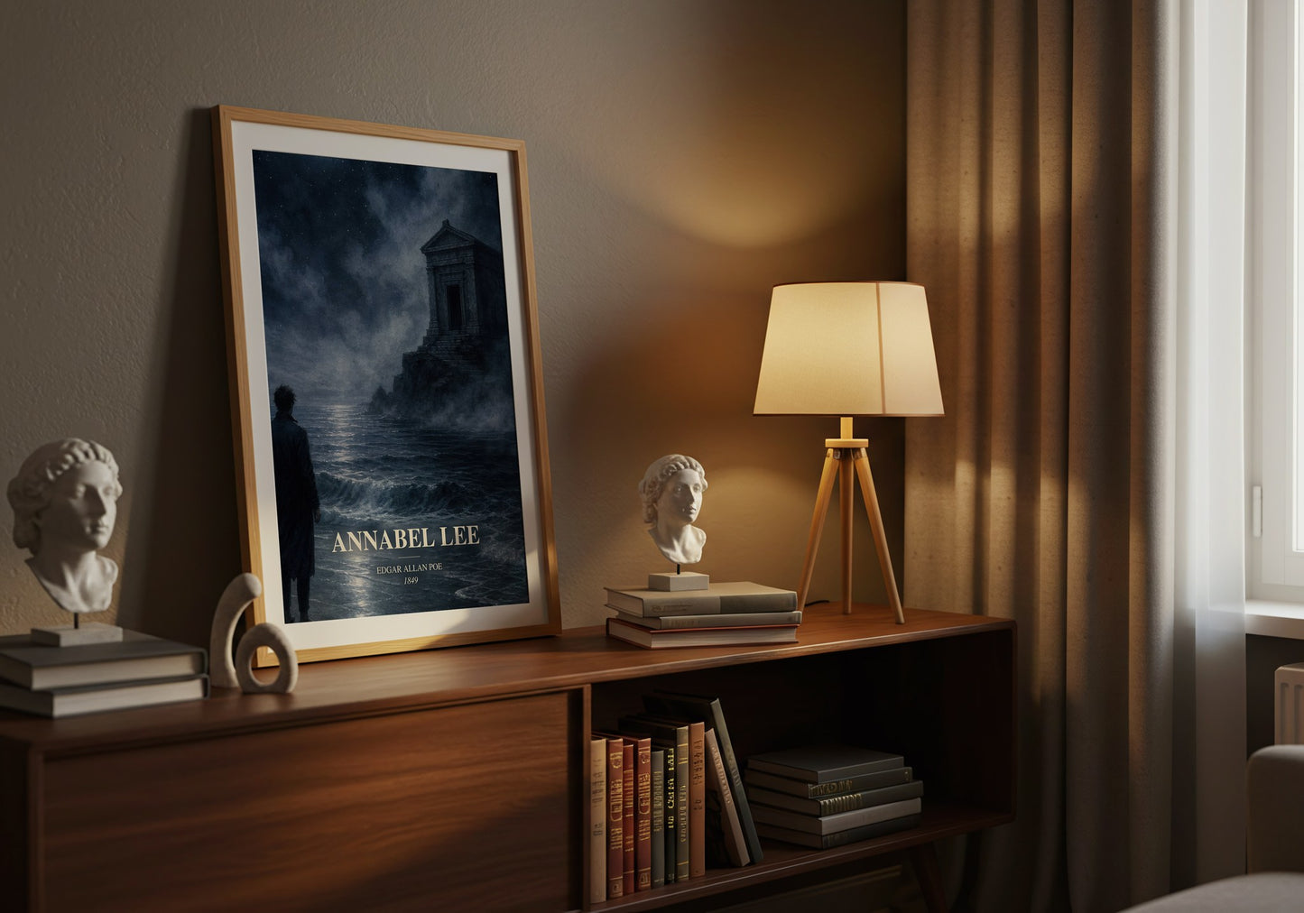 Annabel Lee watercolour print on bookshelf – Edgar Allan Poe fan gift