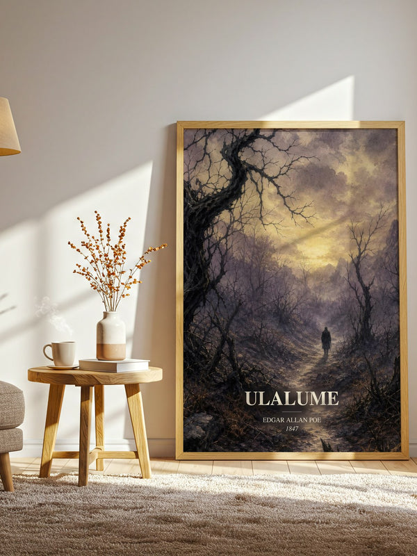 Ulalume watercolour print in frame leaning in hallway – poetry wall art