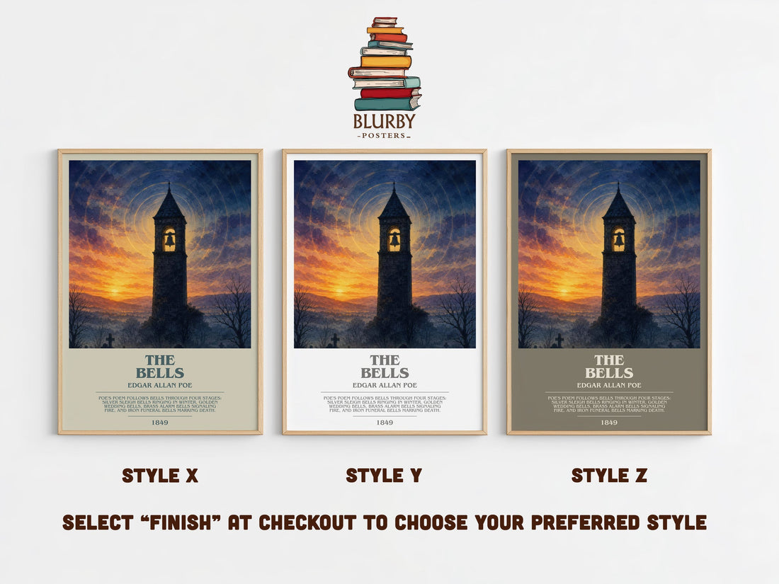 The Bells bookish print in frame leaning in hallway – poetry wall art (mockup)