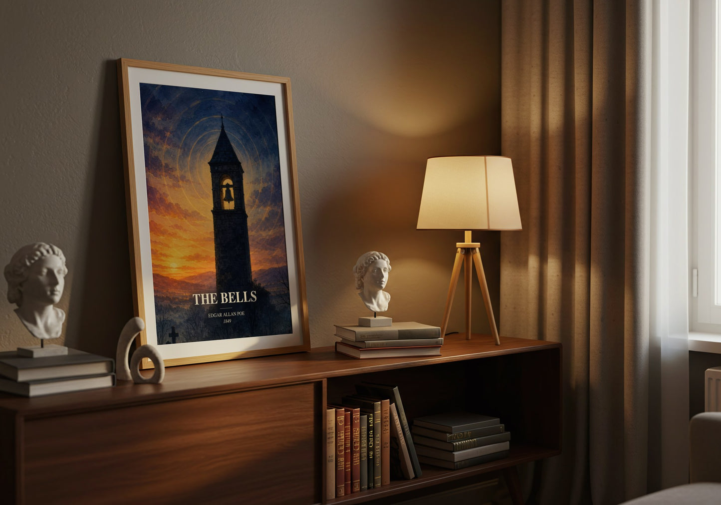 The Bells watercolour print on bookshelf – Edgar Allan Poe fan gift