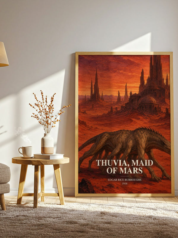 Thuvia, Maid Of Mars watercolour print in frame leaning in hallway – sci fi wall art