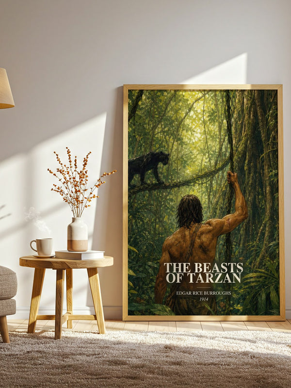 The Beasts Of Tarzan watercolour print in frame leaning in hallway – adventure wall art