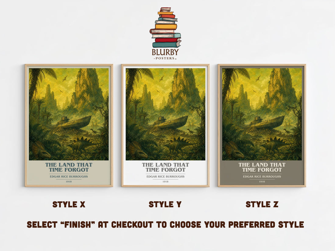 The Land That Time Forgot book cover print in frame leaning in hallway – sci fi wall art (mockup)