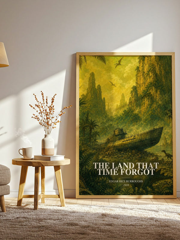 The Land That Time Forgot watercolour print in frame leaning in hallway – sci fi wall art