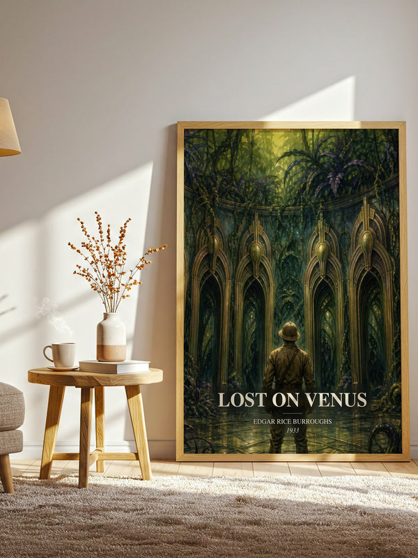 Lost On Venus watercolour print in frame leaning in hallway – sci fi wall art
