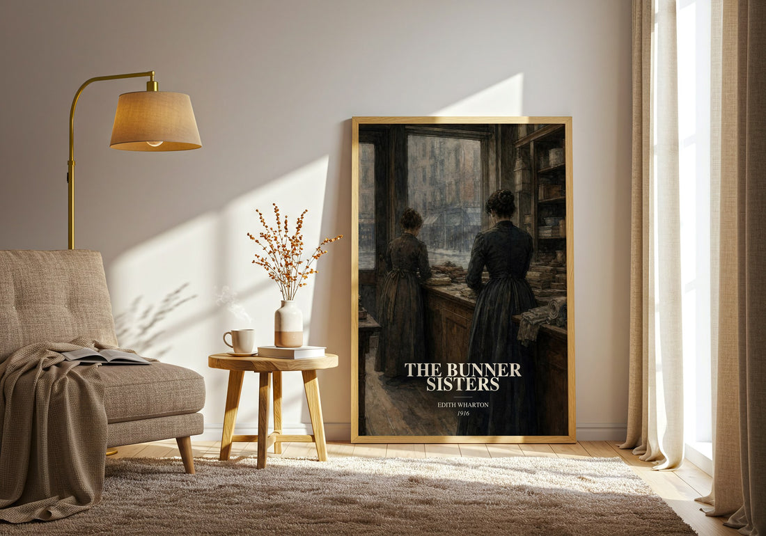 The Bunner Sisters watercolour print in frame leaning in hallway – literary fiction wall art (mockup)