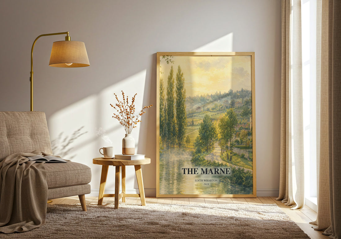 The Marne watercolour print in frame leaning in hallway – historical fiction wall art (mockup)
