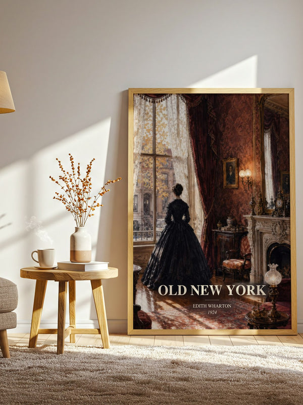 Old New York watercolour print in frame leaning in hallway – historical fiction wall art
