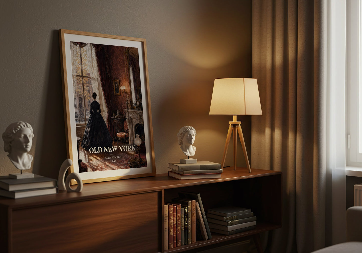Old New York watercolour print on bookshelf – Edith Wharton fan gift