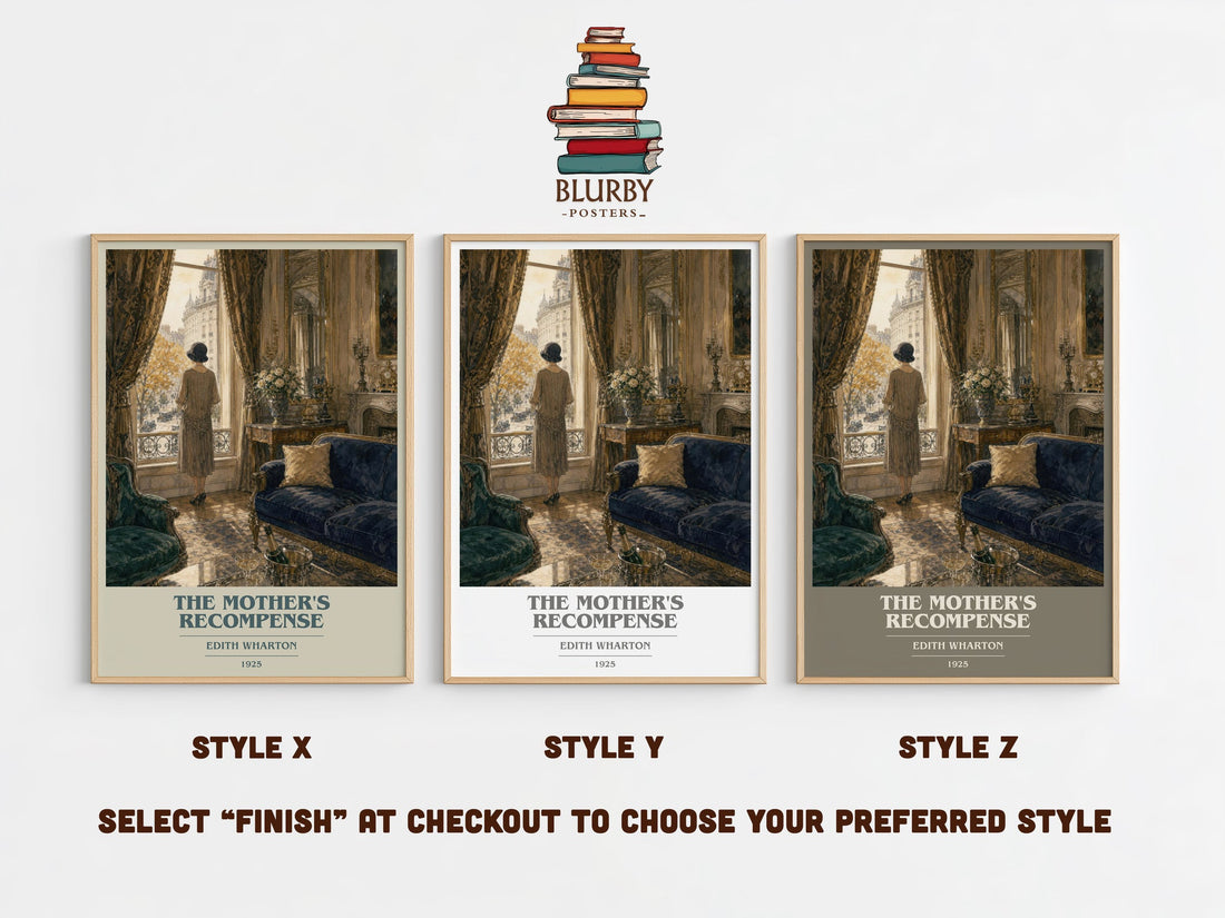 The Mother'S Recompense book cover print in frame leaning in hallway – literary fiction wall art (mockup)
