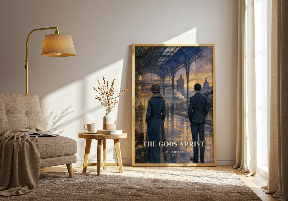 The Gods Arrive watercolour print in frame leaning in hallway – literary fiction wall art (mockup)