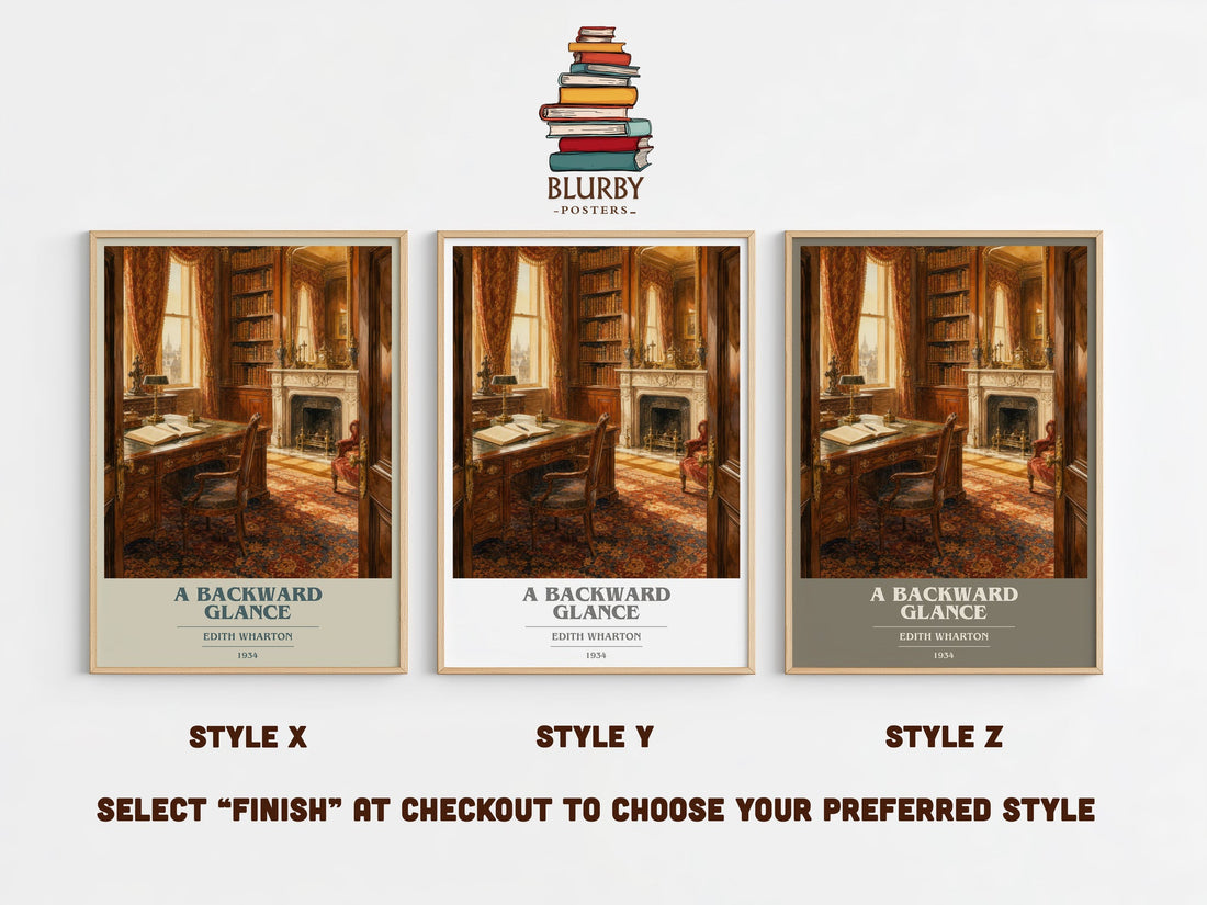 A Backward Glance book cover print in frame leaning in hallway – memoir wall art (mockup)