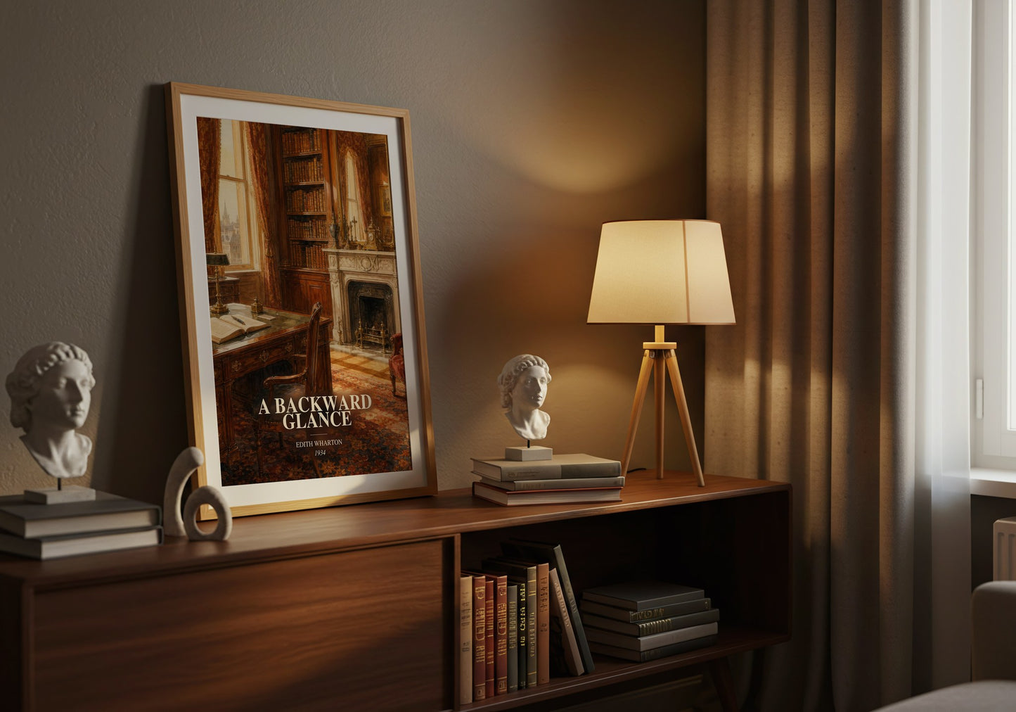 A Backward Glance watercolour print on bookshelf – Edith Wharton fan gift
