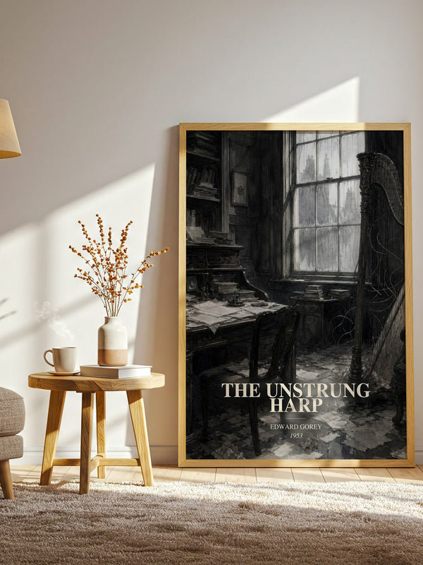 The Unstrung Harp watercolour print in frame leaning in hallway – literary fiction wall art