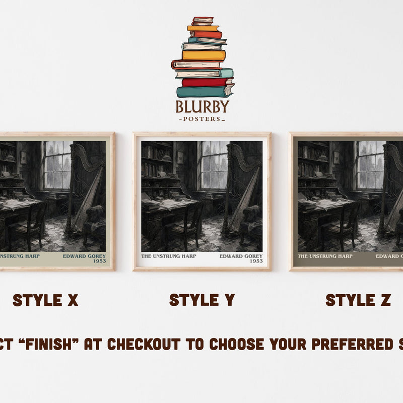 The Unstrung Harp literary print in frame leaning in hallway – literary fiction wall art