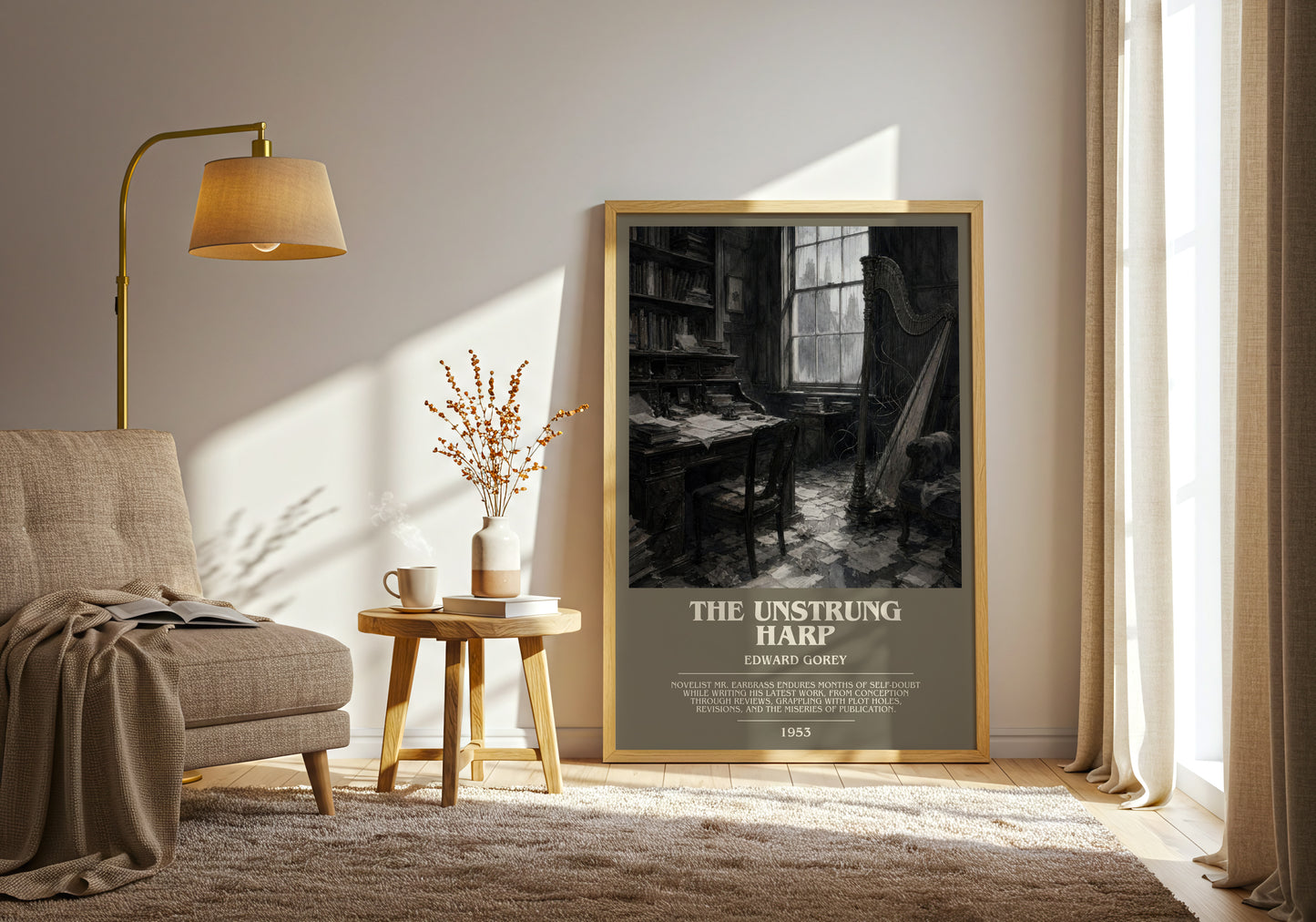 The Unstrung Harp bookish print on bookshelf – Edward Gorey fan gift