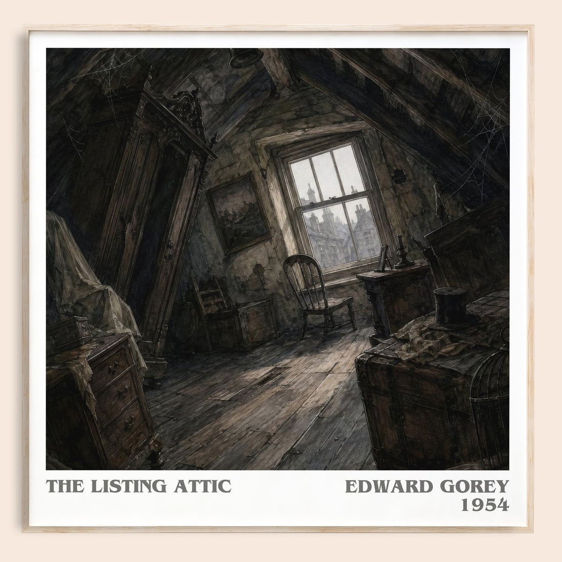 The Listing Attic literary book poster by Edward Gorey – framed literary art print