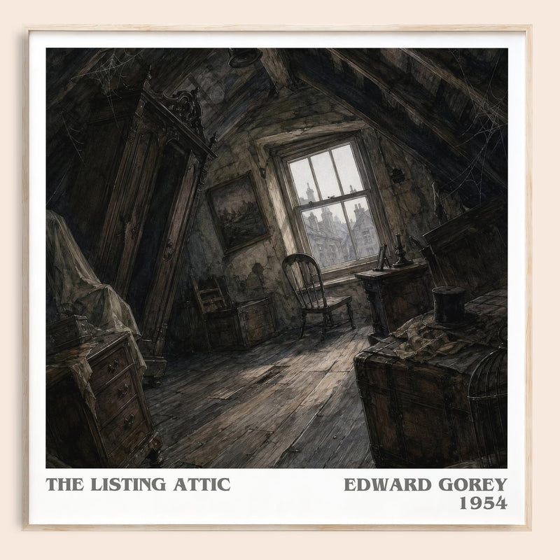 The Listing Attic literary book poster by Edward Gorey – framed literary art print