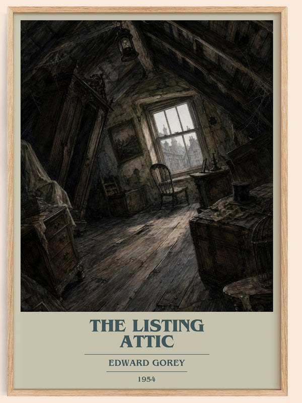 The Listing Attic book cover book poster by Edward Gorey – framed literary art print