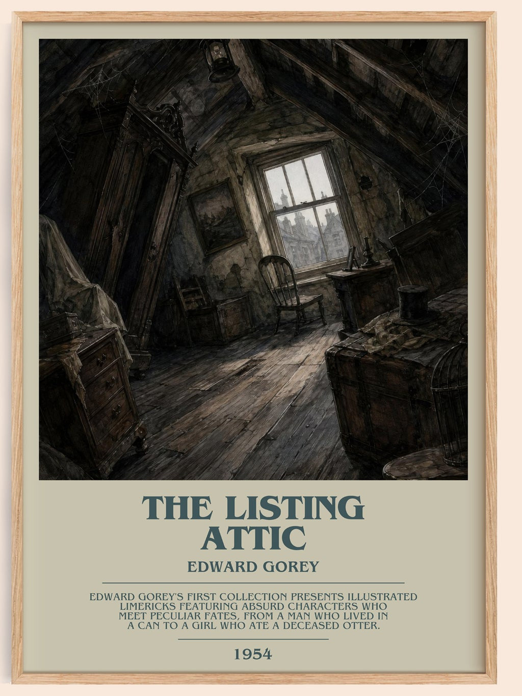 The Listing Attic bookish book poster by Edward Gorey – framed literary art print