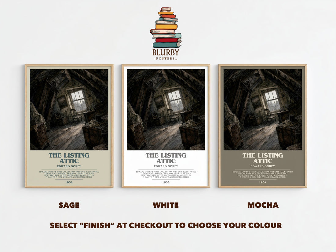 The Listing Attic bookish print framed by window – literary home decor