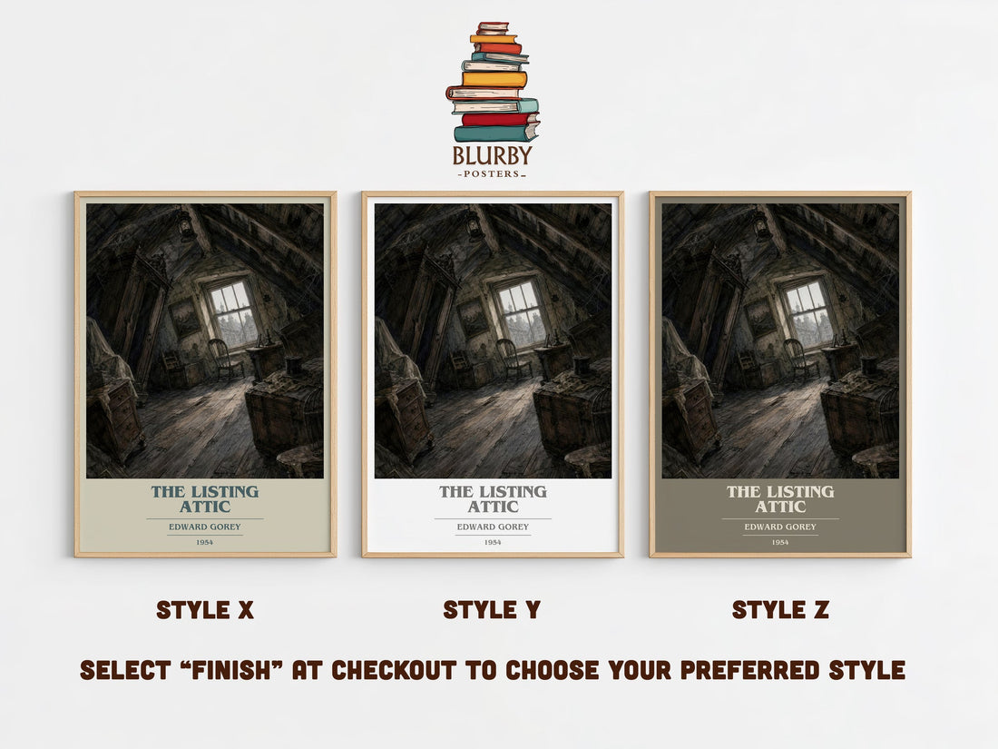 The Listing Attic book cover print in frame leaning in hallway – poetry wall art (mockup)
