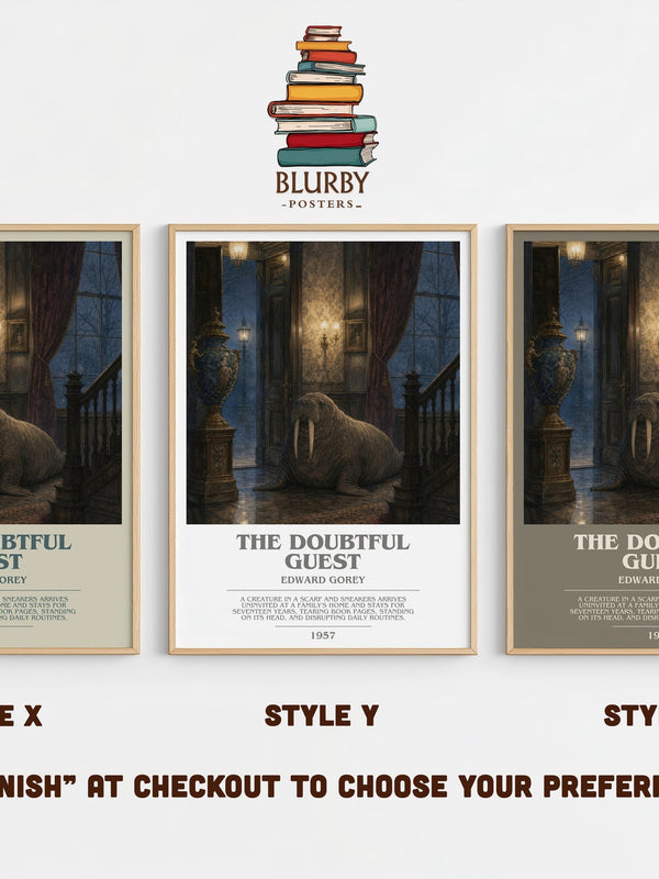 The Doubtful Guest bookish print in frame leaning in hallway – childrens wall art