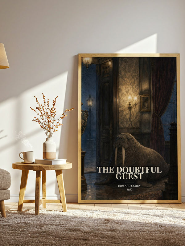 The Doubtful Guest watercolour print in frame leaning in hallway – childrens wall art
