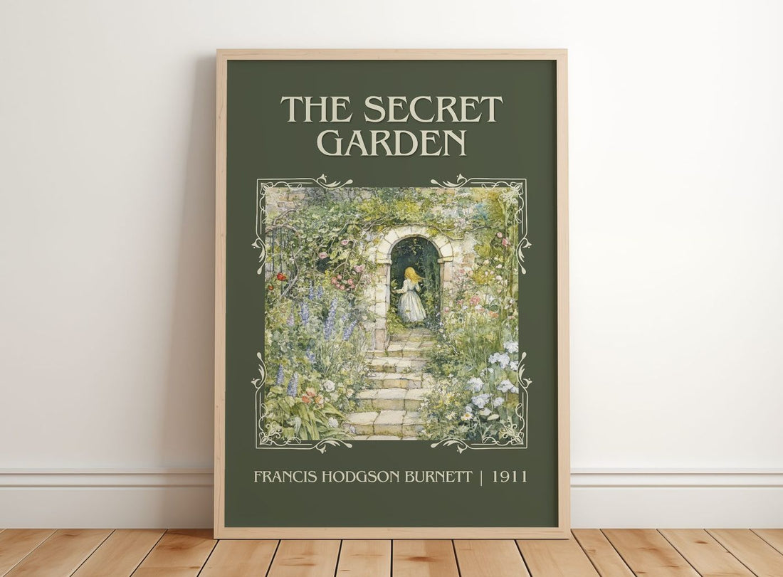 The Secret Garden Classic Book Art Print by Frances Hodgson Burnett – framed print leaning on a wooden floor