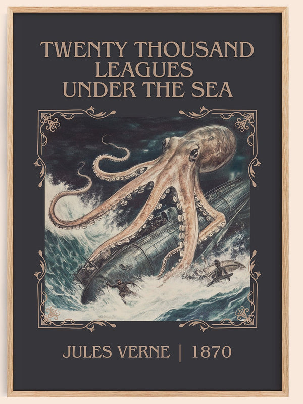 Twenty Thousand Leagues Under the Sea classic book art book poster by Jules Verne – framed literary art print