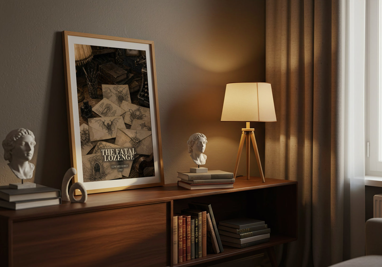 The Fatal Lozenge watercolour print on bookshelf – Edward Gorey fan gift