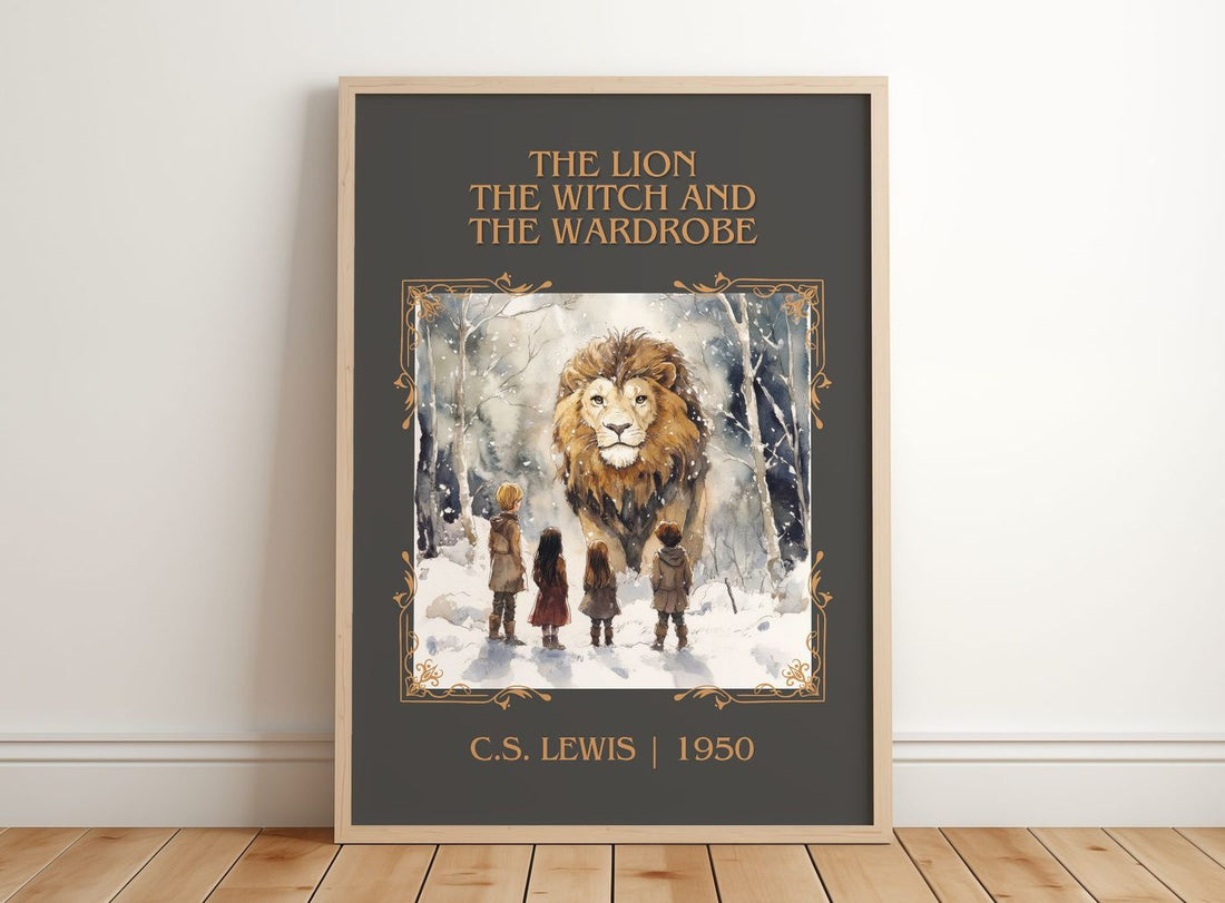 Lion, the Witch and the Wardrobe Classic Book Art Print by C. S. Lewis – framed print leaning on a wooden floor
