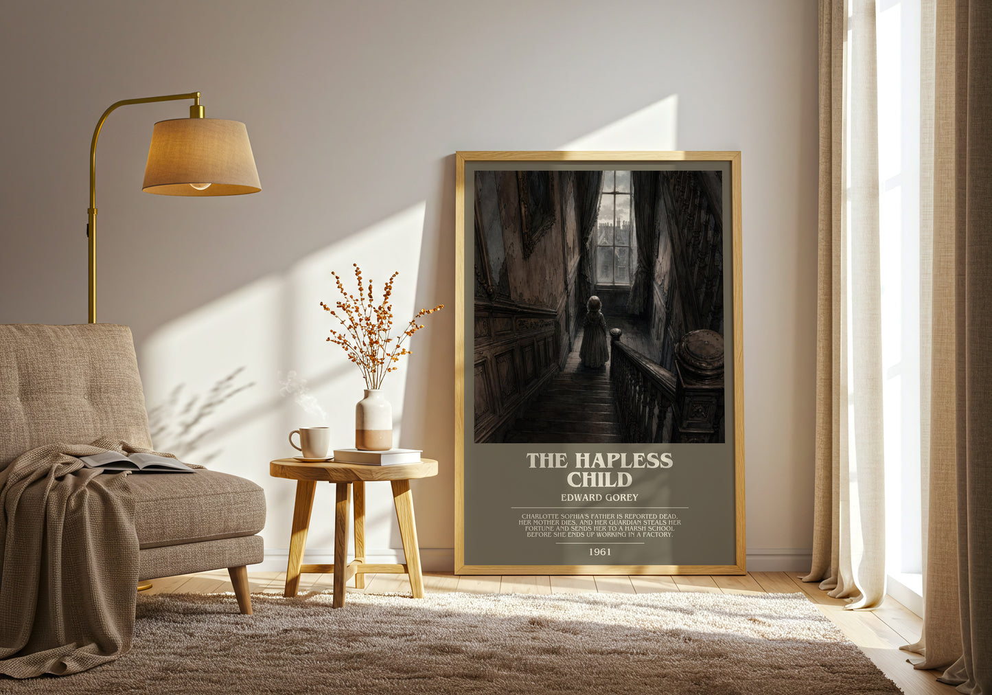 The Hapless Child bookish print on bookshelf – Edward Gorey fan gift