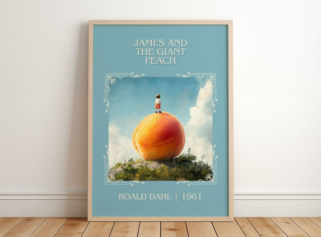 James and the Giant Peach Classic Book Art Print by Roald Dahl – framed print leaning on a wooden floor